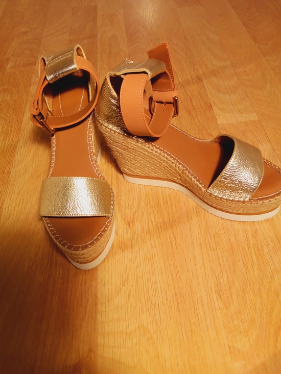 SEE By Chloe/ Glyn Platform Espadrille Wedge in Gold and Brown/Size Eur 37-US 7